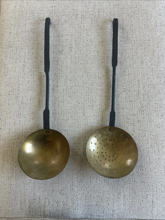 Authentic 19th Century Hand-Forged Brass & Iron Hearth Utensil Set