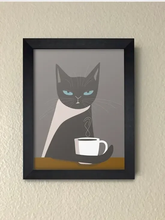 Morning Coffee Cat Framed Wall Art | Kitten & Espresso Print | Kitchen Decor