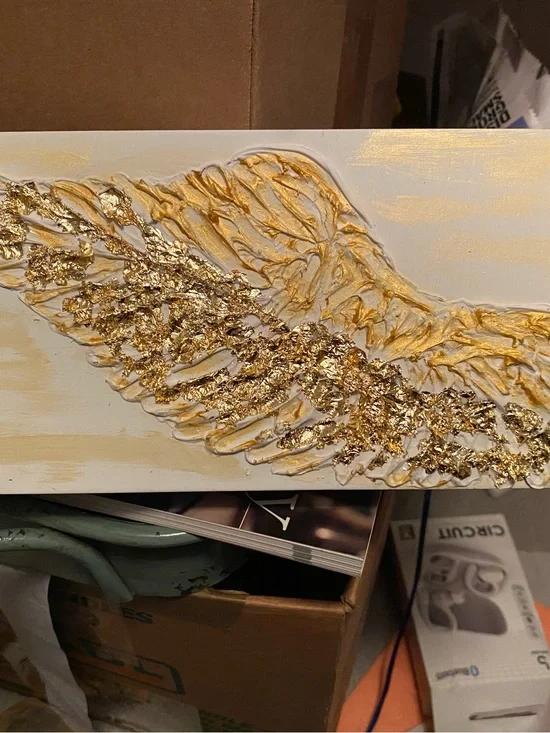 Gold Textured Angel Wing Wall Art - White and Gold Leaf on 12x5 Wood Plank