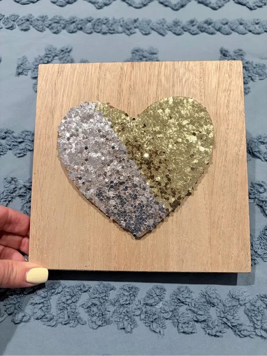 Gold Silver Glitter Heart Wood Wall Art Plaque 7x7 Glam Decor