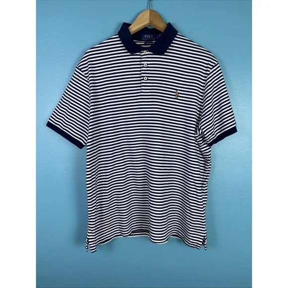 Polo Ralph Lauren Navy Mens Large Striped Classic Flesh Pony Preppy Coastal