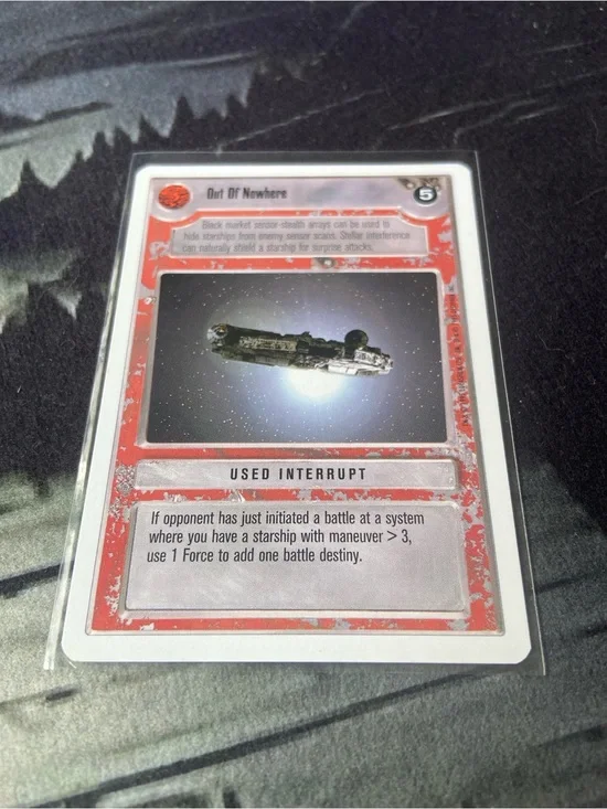 Out Of Nowhere, a red Used Interrupt card from the 1995 Decipher Star Wars