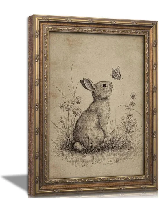 Vintage Gold Framed Bunny Wall Art | Easter Rabbit & Butterfly Canvas Print for
