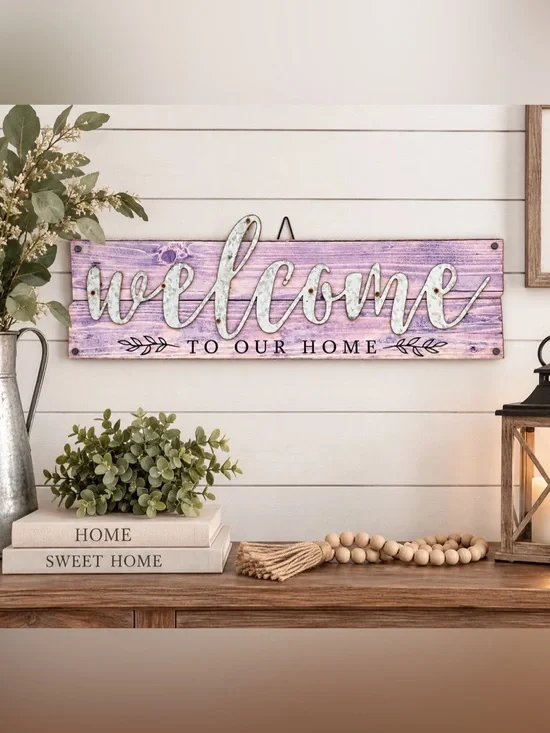 Rustic Welcome to Our Home Purple Farmhouse Wall Sign Metal Wood Decor