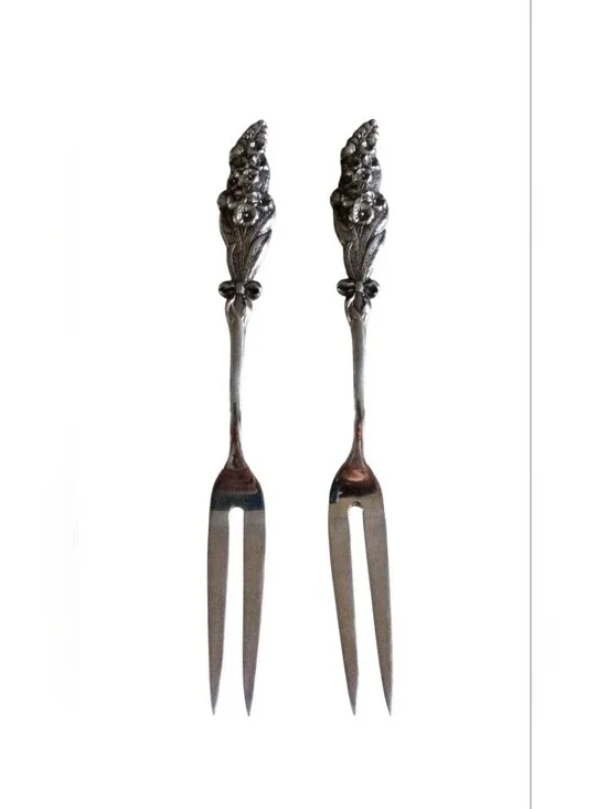 VTG Reed & Barton Harlequin 2-Twine Silver Floral Handle Serving Forks Set Of 2