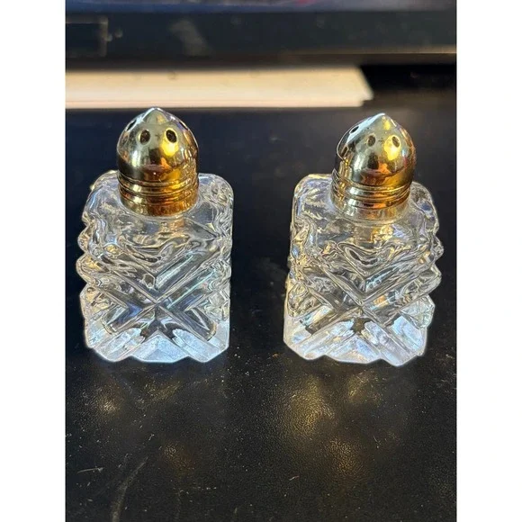 Vintage Crystal Salt and Pepper Shakers with Gold Lids