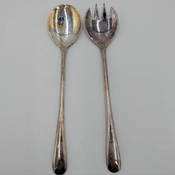Vintage Made In Italy Silver Plated Spoon & Fork Salad Serving Set Collectible
