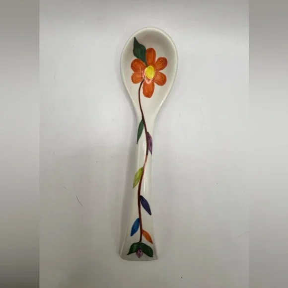 Hand-Painted Floral Ceramic Decorative Spoon -‎ Orange Flower 7.5” long