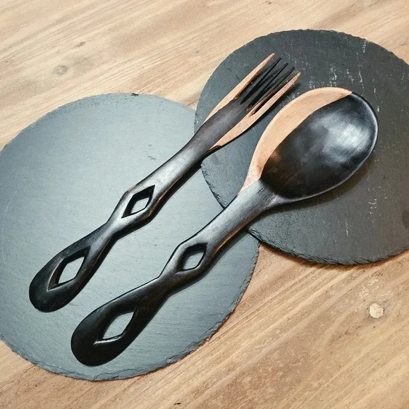 Handmade Two Tone Wooden Salad Server Set Diamond Cutout Handles 12 Inch