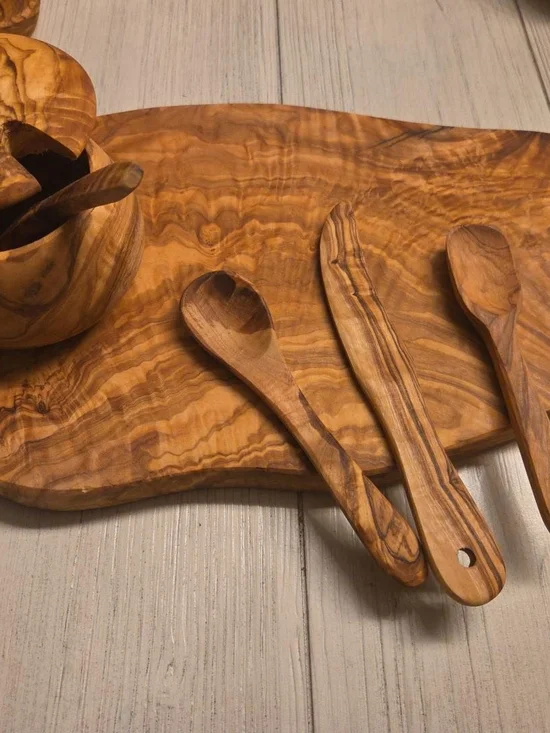 Handcrafted Olive Wood Serving Board and Spoon Set - Natural Brown