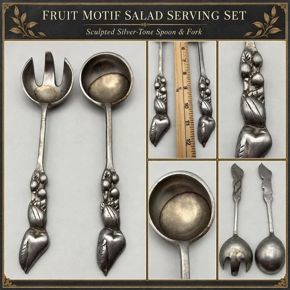 Vintage Fruit Motif Salad Serving Set Sculpted Silver Tone Metal Spoon and Fork