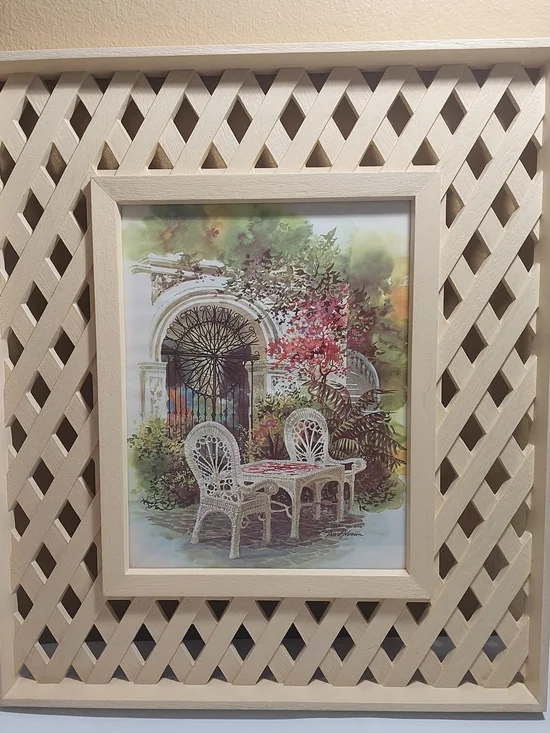 White Wicker Garden Scene Framed Wall Art