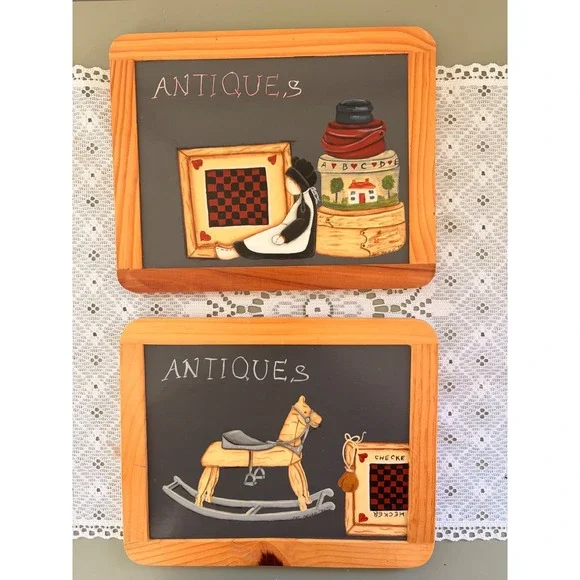 Vintage Pat Hecker Signed Folk Art Slate Plaques Set 2 Antiques Rocking Horse 94