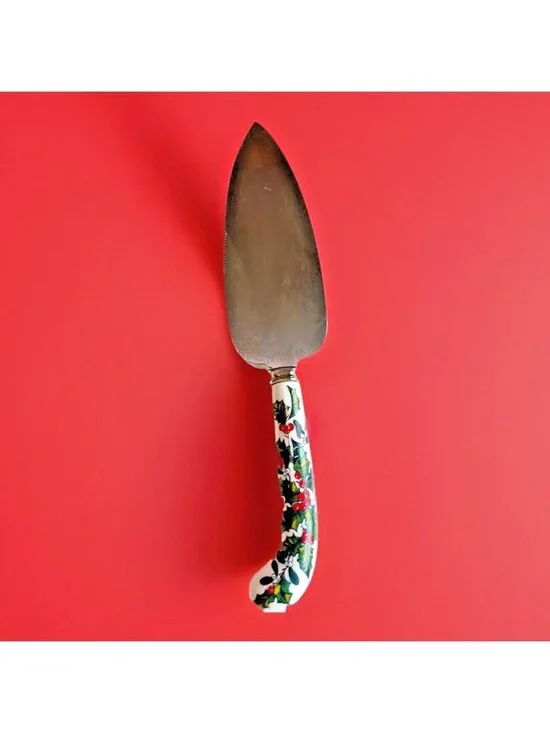 Prill Sheffield Cake Pie Server Porcelain Handle Holly Berries Stainless Steel