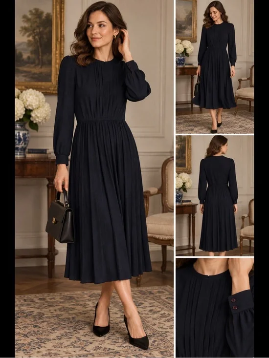 Vintage 1970s Kay Windsor Navy Accordion Pleated Midi Dress Union Made USA S