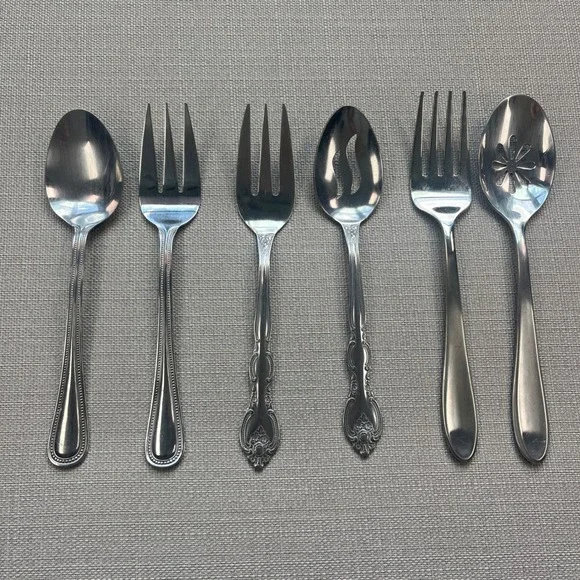 3 Sets of Serving Utensils (Spoons and Forks) Silver Stainless Steel Mixed‎ Lot