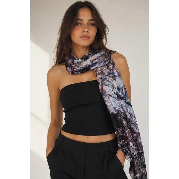 Vivante by USA 100% Silk Abstract Floral Oblong Scarf Purple Gray Black‎ 65