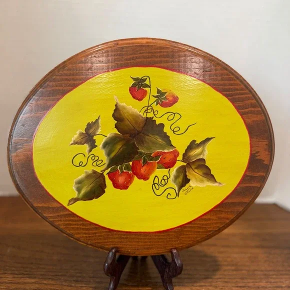 Hand Painted Strawberry Wood Wall Plaque Signed‎ Folk Art Country Decor 11x9