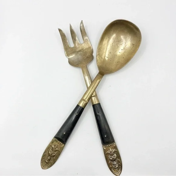 Brass Bronze Wood Handle Salad Serving Spoon & Fork Flatware Thailand Siam