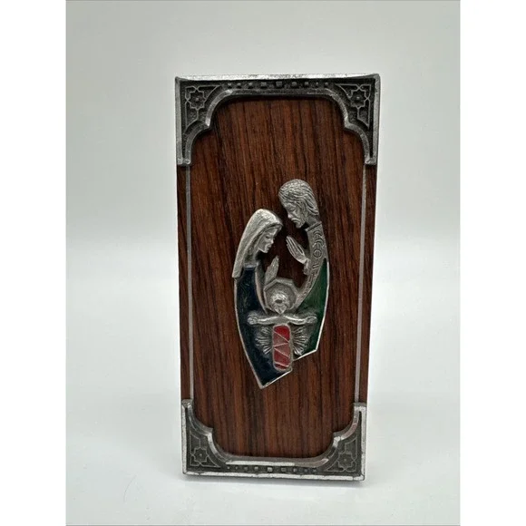 Vintage Holy Family Pewter Enamel Wood Plaque Jesus Mary Joseph Tabletop Decor
