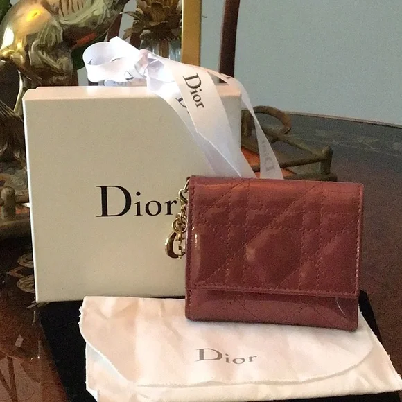 Authentic Lady Dior Lotus Trifold Patent Leather Compact Folding Wallet with COA
