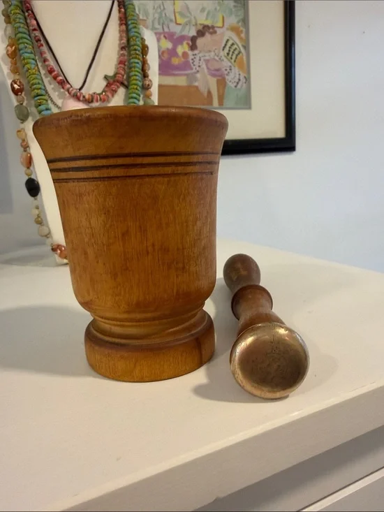 Wooden Vintage Mortar and Pestle with Brass Details