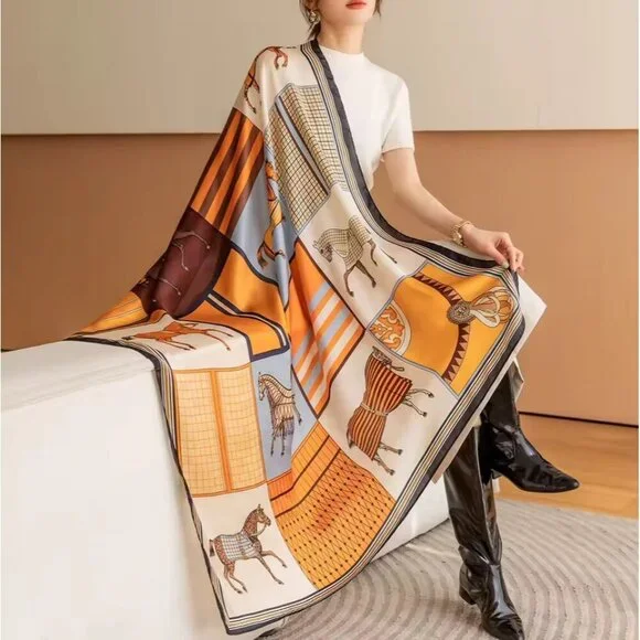 Luxury Vintage Horse Print Square Scarf Silk Feel Shawl Wrap 43x43 in NEW