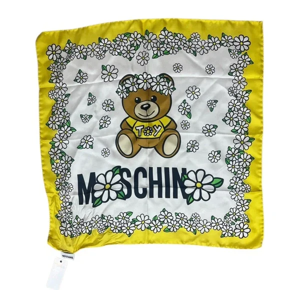 Moschino Daisy Floral Crown Teddy Bear Silk Scarf NWT
