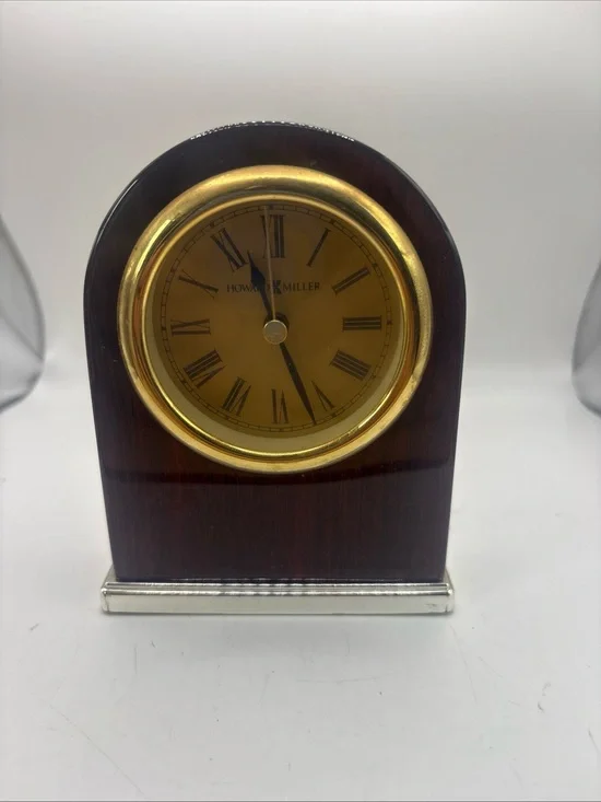 Howard Miller Desk Alarm Clock 613-487 Brown Wood Brass Roman Numeral Quartz