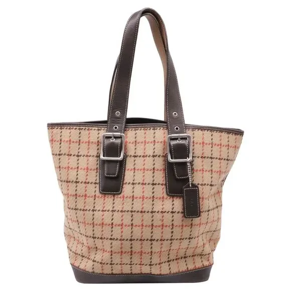 Coach Plaid Tweed Tote Bag in Beige Wool