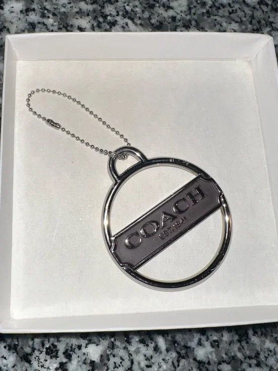 Coach Silver and Dark Gray Round Logo Keychain