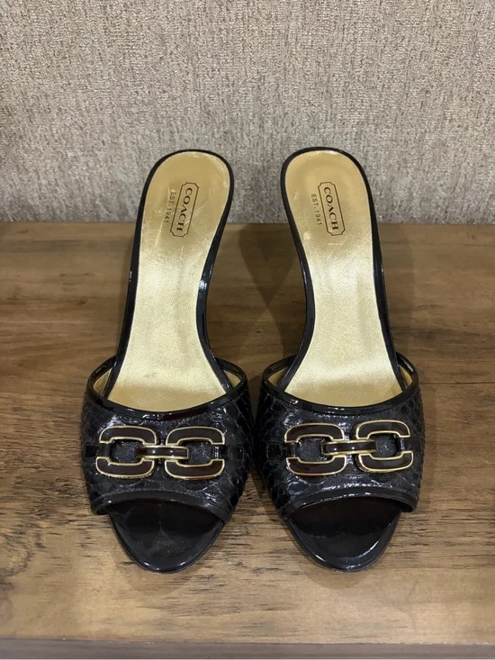 Coach Black Leather Open-Toe Mules with Gold Chain Detail