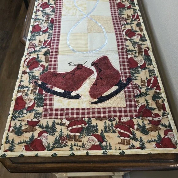 Vintage Handmade Quilted Christmas Table Runner Santa Ice Skates 15x46