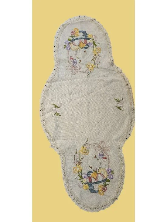 Embroidered Easter Basket & Eggs Linen Table Runner, Bread Basket Liner