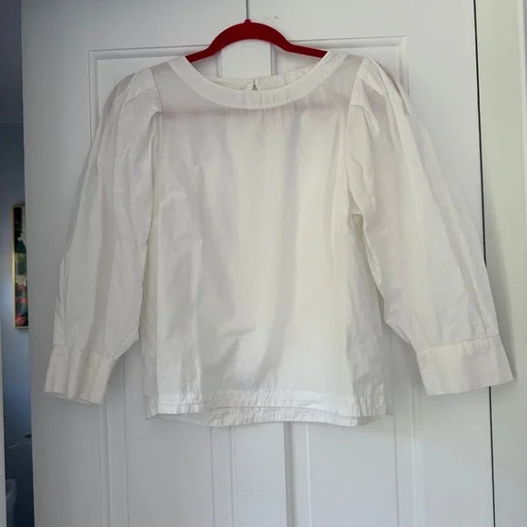 Anthropologie Maeve White Puff Sleeve Back Keyhole 3/4 Sleeve Blouse, Size Small