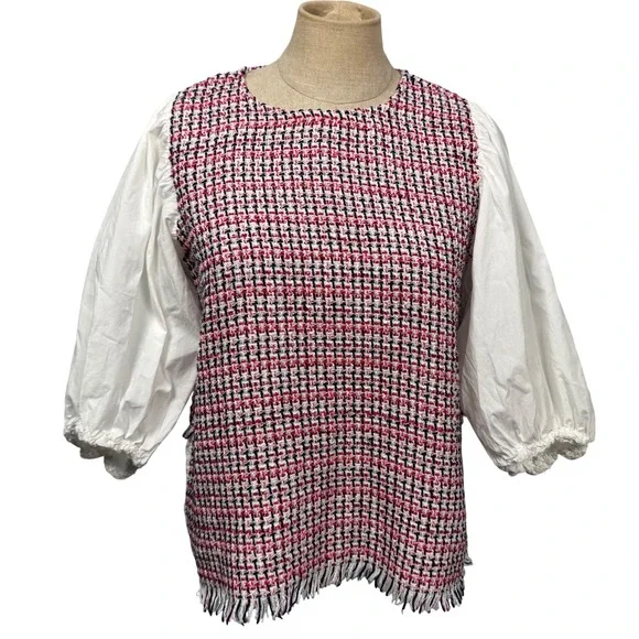 ZARA Tweed Women XS Puff Sleeve Fringe Top Blouse‎ White Pink Academia Preppy