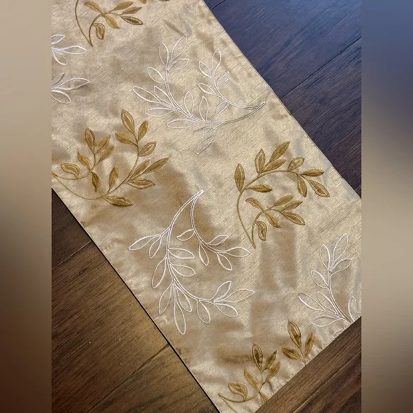 Elegant Gold and White Leaf Leaves Table Runner 90” long, Fall / Thanksgiving