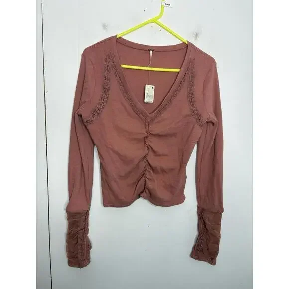 Free People Shirt Womens Medium Thermal Mesh Long Sleeve Ruched Ballet Rose