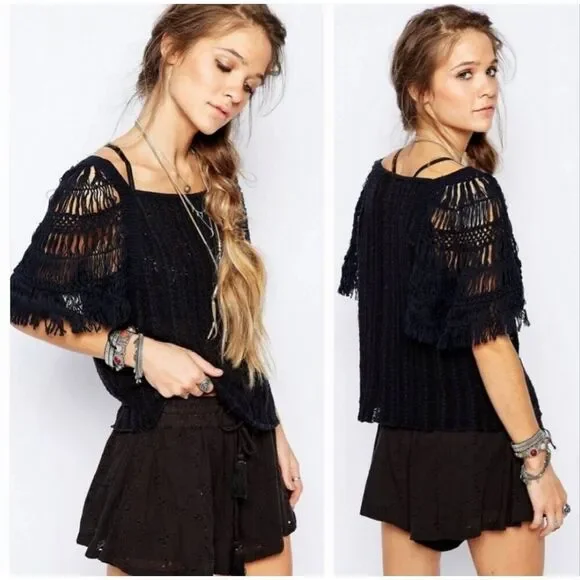 Free People Blackbird Crochet Layering Sweater Top Women’s Size Small Black