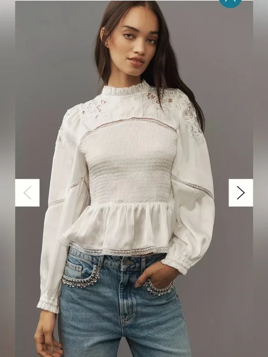 Anthropologie Long-Sleeve Smocked Blouse in White Size Medium