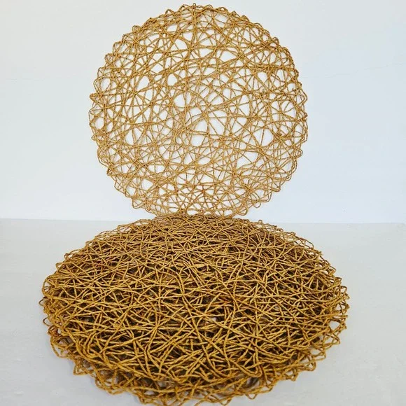 Vintage Round Woven Paper Straw Placemats Set of 4 Natural Tan Boho Table Decor