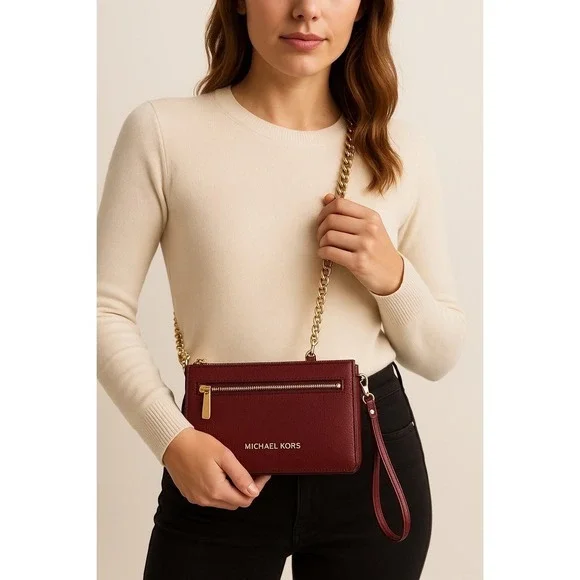 Michael Kors Jet Set Travel‎ Saffiano Leather Crossbody Wallet Red Gold 37-08