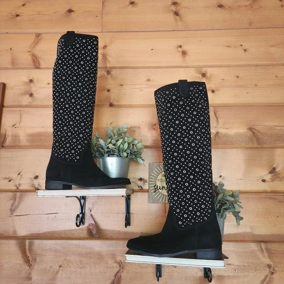 Michael Kors Sally Studded Flat Boot‎ Tall Suede Leather Embellished Moto Sz 8 M