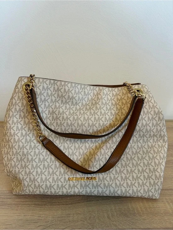 Michael Kors Cream and Brown Logo Tote Shoulder Bag