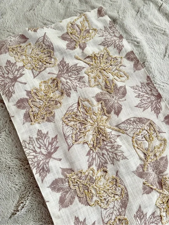 Embroidered Gold Metallic Autumn Maple Leaf Table Runner Linen Blend 70x14”