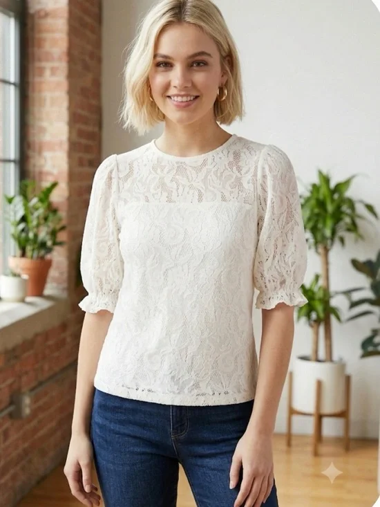 Anthropologie Cottagecore White Lace Puff Sleeve Top Like New Small