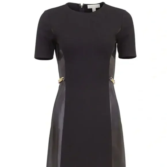 Michael Kors‎ Faux-Leather Gold Chain Dress, Black, Size Small NWT