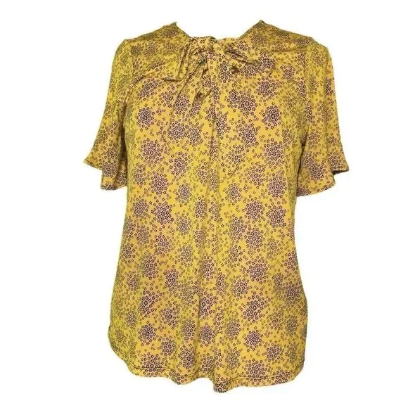 Michael Kors Sz M Floral Tie Flare Sleeve Popover Tunic Blouse Shirt Gold HW