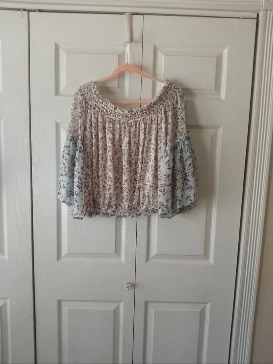 Free People Boho Off-Shoulder Floral Peasant Top - Cream with Blue Print