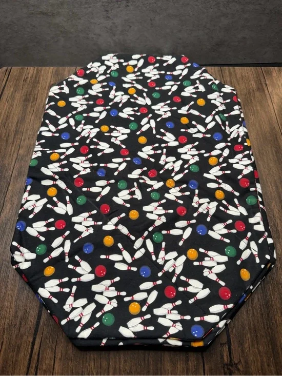 set of 4 handmade double sided placemats features a bowling theme 19”x13”